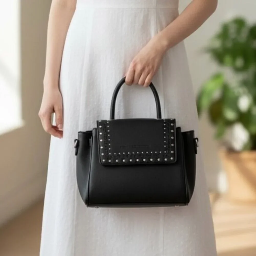 NEW French Connection Bellita Purse crossbody bag Black Faux Leather Silver Stud